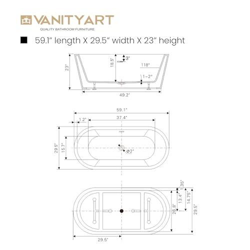 Vanity Art 59\" X 30\" Acrylic Freestanding Bathtub | Modern Stand Alone Soaking Tub with Overflow and Pop-up Drain, UPC Certified VA6815-S-PW