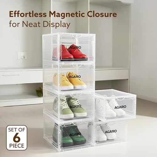 Image of AGARO Stackable Shoe Storage Box Organizer | Heavy Duty, Transparent, Plastic Sneaker Crates Container with Magnetic Door |Space Saving|Organizer for Men & Women| Fits up to Size UK 12 | Pack of 6