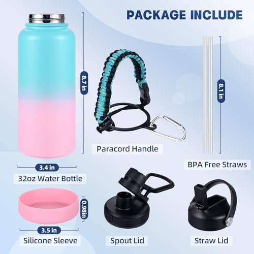 Image of Insulated Water Bottle, 32 oz Stainless Steel Wide Mouth Water Bottles with 2 Leak Proof Lid and Paracord Handle, Double Wall Vacuum Insulated Sports Water Bottle, Teal Pink