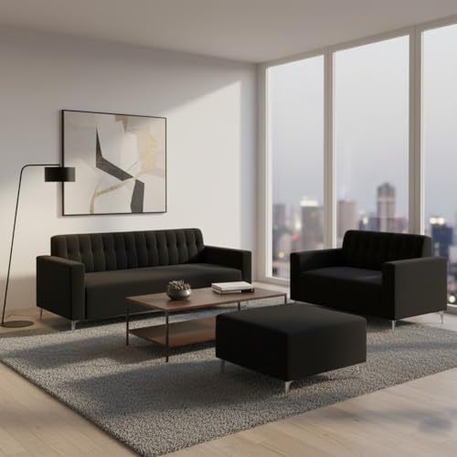 Image of SOCOZI Antonia 5 Seater Sofa Set with Ottoman | Soft Velvet Suede Fabric | Modern Design | Plush Comfort Cushions for Living Room (Black)
