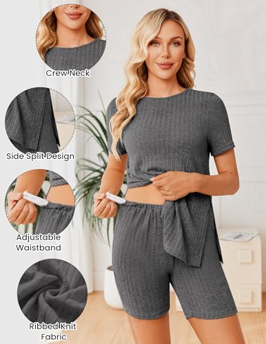 Image of Ekouaer Maternity Sets 2 Piece Outfits Ribbed Knit Short Sleeve Shirts and Biker Shorts Pregnancy Loungewear Mama Clothes