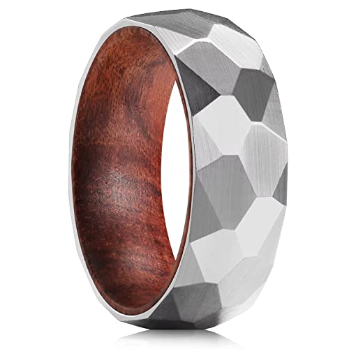 King Will Anello in titanio martellato 8 mm argento/nero intarsiato in legno foro interno fede nuziale per uomo opaco spazzolato comfort fit, W 1/2(65.91mm), Titanio, Nessuna pietra preziosa