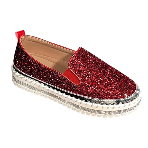 Women Rhinestone Platform Loafers,Cute Glitter Bling Fashion Slip-On Sparkle Bling Sequin Sneakers Summer 2025 Comfort Soft Hiking Flat Shoes for Going Out Walk