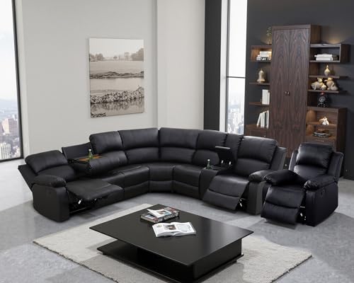 Seruancielo Leather Recliner Sectional Sofa Set (Black)