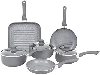 Gr8 Home Induction Aluminium 9 Piece Non Stick Grey Marble Effect Frying Saucepan Grill Pan Pot Set Kitchen Cookware Kit (Improved Design All Pans Induction)