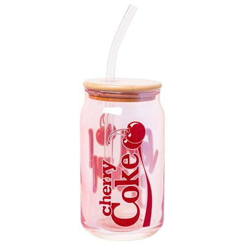 Silver Buffalo Coca-Cola Cherry Coke "Very Cherry" Glitter Iridescent Glass Jar Tumbler with Bamboo Lid and Plastic Straw, 16 Ounces