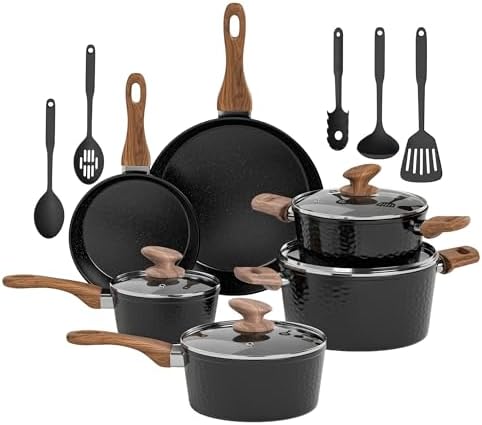 Kitchen Academy Topfset Antihaft Beschichteter, Topf Induktion 15tlg | Töpfe Set Pfannenset Pfannen mit Glasdeckeln Granit Kochtopf Bratpfanne mit Deckel Kochtopfset für Alle Herda