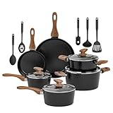 Kitchen Academy - Set di pentole rivestite a induzione, 15 pezzi, set di pentole in granito, antiaderente, nero, pentole e padelle, con coperchi in vetro