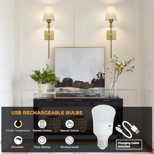 WELLCOOR Battery Operated Wall Sconce Set of 2, Gold Wireless Wall Lights with Rechargeable Dimmable Bulbs and Remote Control, Modern Fabric Indoor Wall Lighting Fixtures for Bedroom Living Room by WELLCOOR - Image 2