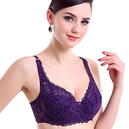 BCHRAYIUP Ladies Sexy Floral Lace Underwire Thin Padded Plunge Bra Soft Cups Bra 32-D Purple
