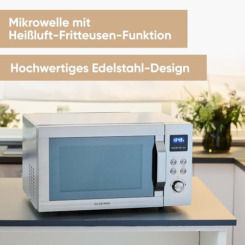 SEVERIN 4-in-1 Mikrowelle „Crispy Wave“, Heißluft-Funktion bis 230°C, Heißluftfritteuse, Mikrowelle, Backofen & Grill, 95 min Timer, max. 2150 W Leistung, 25L, Silber/Edelstahl, MW 7982