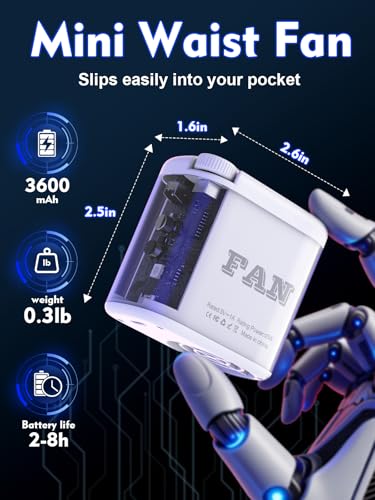 Image of Transparent Mecha-style Wearable Waist Fan: USB-C Rechargeable 0-100 Wind Control, RGB Lighting, Detachable Belt Clip, 360 Rotation, for Shirt, Belt, Umbrella Handle, Handheld Use, 3-12 Hours