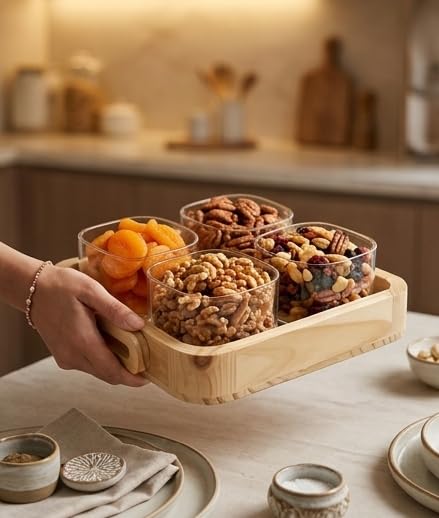Image of 4 Pcs Borosilicate Glass Square Airtight Jar Set with Pinewood Tray | 450ml Each | Elegant Dry Fruit & Snack Serving Jar Set for Kitchen, Dining & Gifting