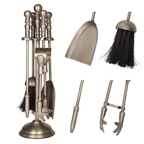 Heavy Duty Fireside Companion Set 4pc Fireplace Tools Set with Fire Poker, Brush, Shovel & Tongs - Recycled Iron Fire Set Log Burner Accessories with Footed Stand (Silver)