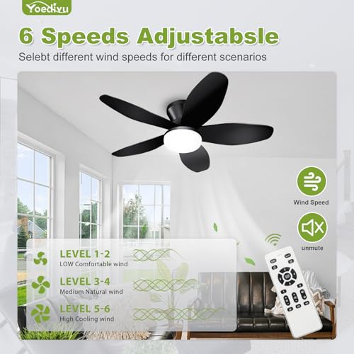 Image of Ceiling Fans with Lights - 35 Inch Small Low Profile Ceiling Fan and Remote,Flush Mount Ceiling Fan with 5 Reversible Blades 6 Wind Speeds, Black Modern Ceiling Fans for Bedroom Kitchen