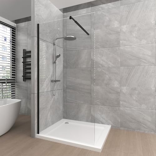 T&K 900x1900mm Walk in Shower Enclosure Wetroom Shower Screen Panel Matte Black Framed, 8mm Tougheded Glass Safety Double-Sided Easy Clean Glass with Telescopic Support Bar