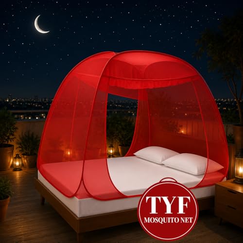 Image of TYF Mosquito Net for Bed Made with Polyester Material | Foldable Mesh Design | Lightweight and Portable Structure | Easy to Use and Carry, Red (6.15 Feet X 6.15 Feet) Double Bed