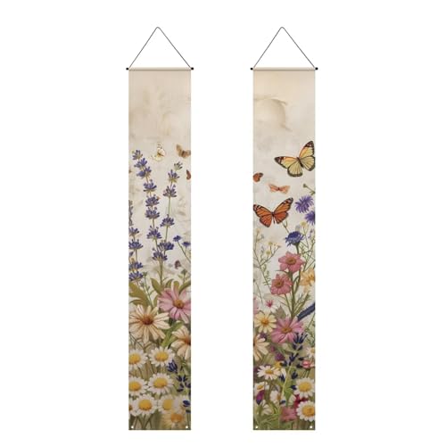 Luarisgur Butterfly Front Door Hanging Banner Wildflower Summer Porch Sign Hanging Flag Porch Sign for Front Door Outdoor Seasonal Holiday Wedding Yard Decor Farmhouse Indoor Wall Backdrop