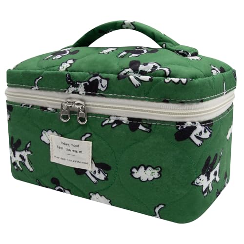 Large Makeup Bag, Cute Cosmetic Bag for Women Girls, Floral Coquette Aesthetic Toiletry Bag, Travel Make Up Organizer Bag (Green Dog Print)