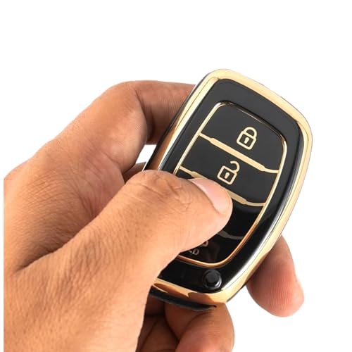 Image of TPU Car Key Cover Black & Golden Compatible for Hyundai Creta, Venue, I20 (2021),Elantra, Tucson (Hyundai, 4 Button Push Smart Key)