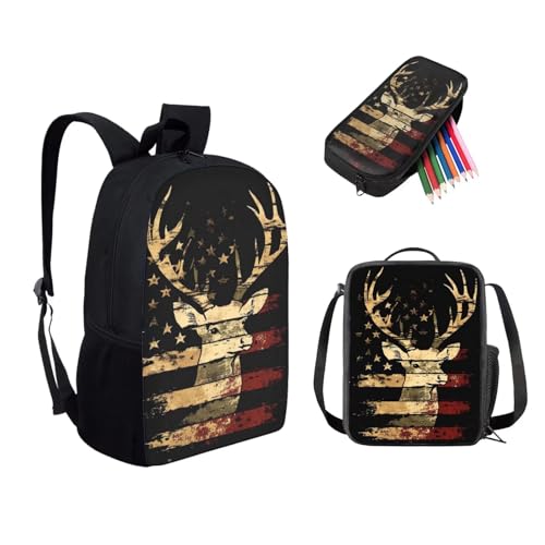 FKELYI American Flag Deer Backpack for Boys Kids 12-14 Large Capacity 17 Inch Schoolbag for Study Travel 3 Piece Bookbag Set with Lunch Box and Pencil Box2