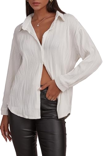 CHYRII Women's White Button Down Long Sleeve Shirts Wave Textured