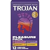 Trojan Pleasure Pack, Assorted Latex Lubricated Condoms for Men, Her Pleasure, Bareskin Studded, Ecstasy & Charged Varieties, 12 Count