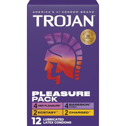 Trojan Pleasure Pack, Assorted Latex Lubricated Condoms for Men, Her Pleasure, Bareskin Studded, Ecstasy & Charged Varieties, 12 Count