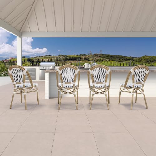 Image of PURPLE LEAF Outdoor Dining Chair Set of 4 Patio French Aluminium Frame in Champagne Finish with Sky Blue & White Woven Rattan for Indoor Kitchen Deck Bistros Cafe Restaurant