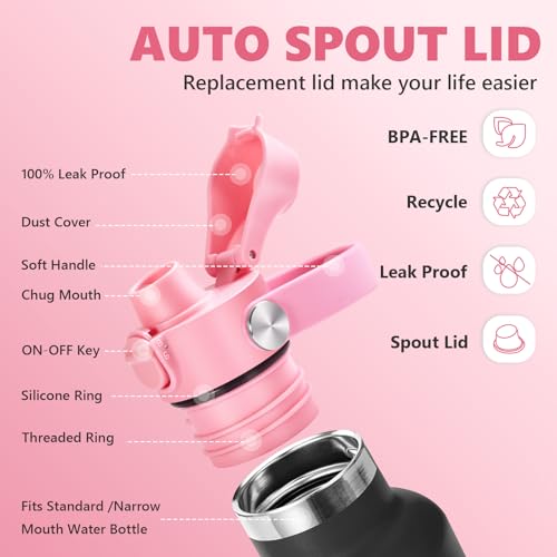 Image of EIPOSAU Auto Flip Lid for Hydro Flask Standard Mouth Bottle, Spout lid for HydroFlask Narrow Mouth Bottle, Replacement Lid with Button Lock