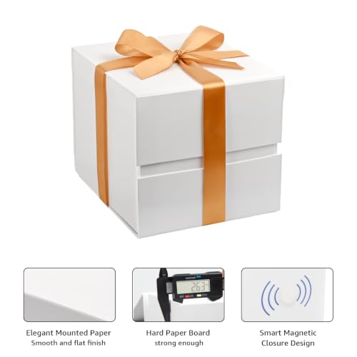Image of LIFELUM Square Gift Box with Magnetic Lid, Card, Sticker, Ribbon, Shredded Paper Filler for Business, Wedding, Birthdays (White, square - 7 inch, 1 count (Pack of 1))