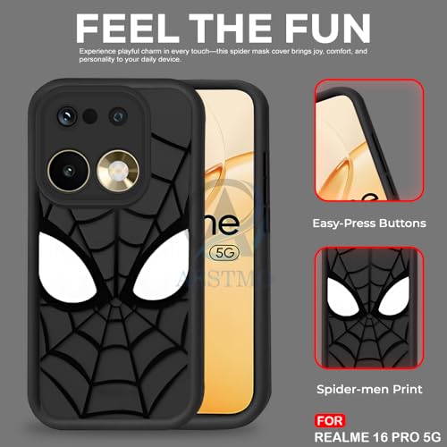 Image of AESTMO Back Case Cover for Realme 16 5G Cover | Spidey Face Mask Design | Silicone Case | Full Body Protection | Camera Protection Back Cover for Realme 16 5G (Black)