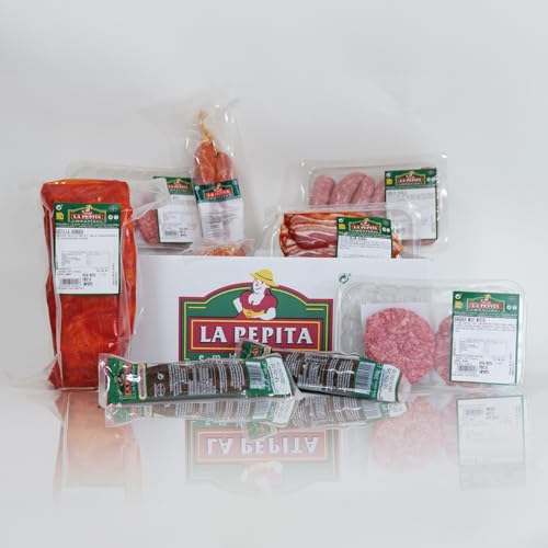 EMBUTIDOS LA PEPITA Pack Barbacoa Completo (8 pax), 8 Hamburguesas Mixta(vacuno/cerdo), 6 Chorizos Criollos, 8 Chorizos rojos, 2 Morcillas arroz, 10 Lonchas de Bacon, 1,5 kg Costilla Cerdo Adobada