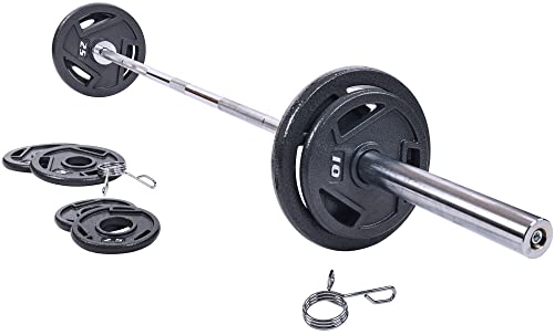 Signature Fitness Cast Iron Olympic 2-Inch Weight Plates Including 7FT Olympic Barbell, 130-Pound Set (85 Pounds Plates + 45 Pounds Barbell), Multiple Packages, Style #3