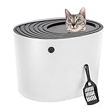IRIS USA Large Top Entry Cat Litter Box with Lid Enclosed Covered Hooded Design Litter Catching Scatter Shield Pan Dog Proof Pet Proof Scoop Included Odor Control for Indoor Cats Kittens, White/Gray