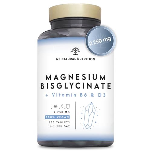 Magnesio Bisglicinato 2250 mg, 450mg de Magnesio Elemental + B6 + D3 Reduce el Cansancio y la Fatiga. 150 Comprimidos divisibles de Alta Absorción, hasta 5 Meses de Suministro. N2 Natural Nutrition.