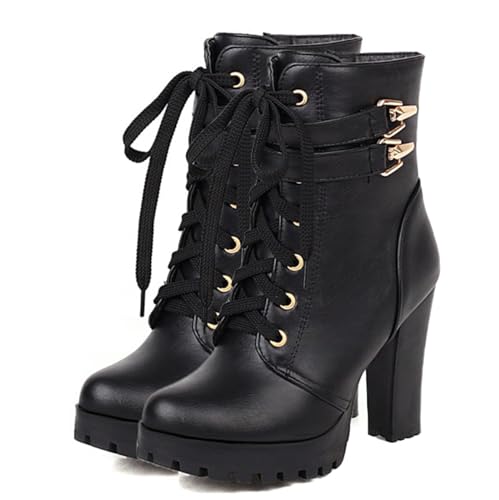 Image of FOREADA Goth Boots Chunky Heel Boot For Women Ankle Combat Booties Black Platform Bootie Buckle Rivets Punk Goth Shoes With Zipper