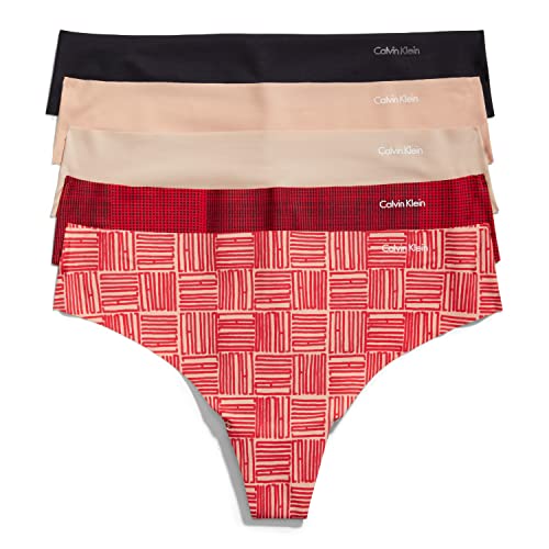 Calvin Klein Women's Invisibles Seamless Thong Panties, Multipack, Bamboo Logo Gentle/Clay/Cedar/Plaid Dots Exact/Black, Small #TOP4
