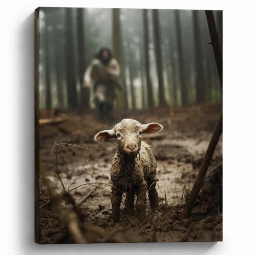 Image of GUN SUPPLIES OUTLET LLC Jesus and Lamb Canvas Wall Art Jesus Running After Lost Lamb Picture Wall Art Christian Home Decor 24x30 inch