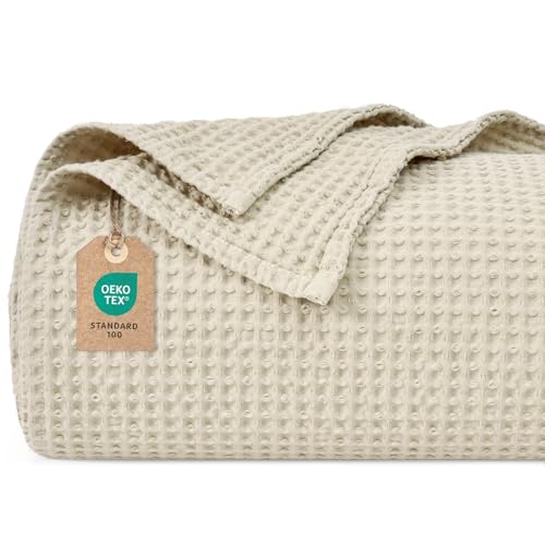 PHF Couverture gaufrée 100 % coton - 130 x 150 cm - Légère et respirante - Parfaite pour toute l'année - Certifié Oeko-TEX - Qualité de linge d'hôtel - Idéal pour le canapé, le lit, le lin