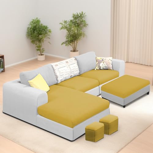 Image of Koza LHS 4 Seater L Shape Sofa Set with Center Table for Living Room (Yellow Grey Fabric) Premium Fabric Sofa