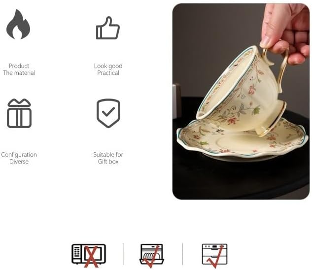 8 oz Vintage flower Ceramic cup and 6" saucer set with Brand customized stainless steel spoon Gifts for Afternoon Tea Coffee Hour (A) - Image 4