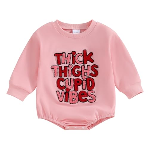 Lamuusaa Newborn Baby Girl Boy Valentines Day Outfit Letter Embroidery Romper Shirts Oversized Sweatshirt 0-18M (Pink, 0-3 Months)