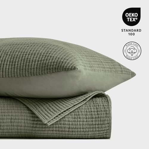 Image of EVERGRACEHOME Cotton Coverlet Set Full Queen Size 3 Pieces, Lightweight Soft Ribbed Matelasse Bedspread Quilt Set, Cozy Oversized Quilted Bedding Set with 2 Pillow Shams for All Seasons, Olive Green