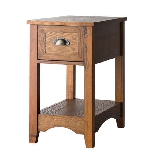 GYMAX Mesita de Noche, Mesita Auxiliar Estrecha, Mesita de Sofá con Cajón y Estante Abierto, Mesita de Noche con Cajones para Salón y Dormitorio, 33 x 56 x 58,5 cm (Marrón, Individual)