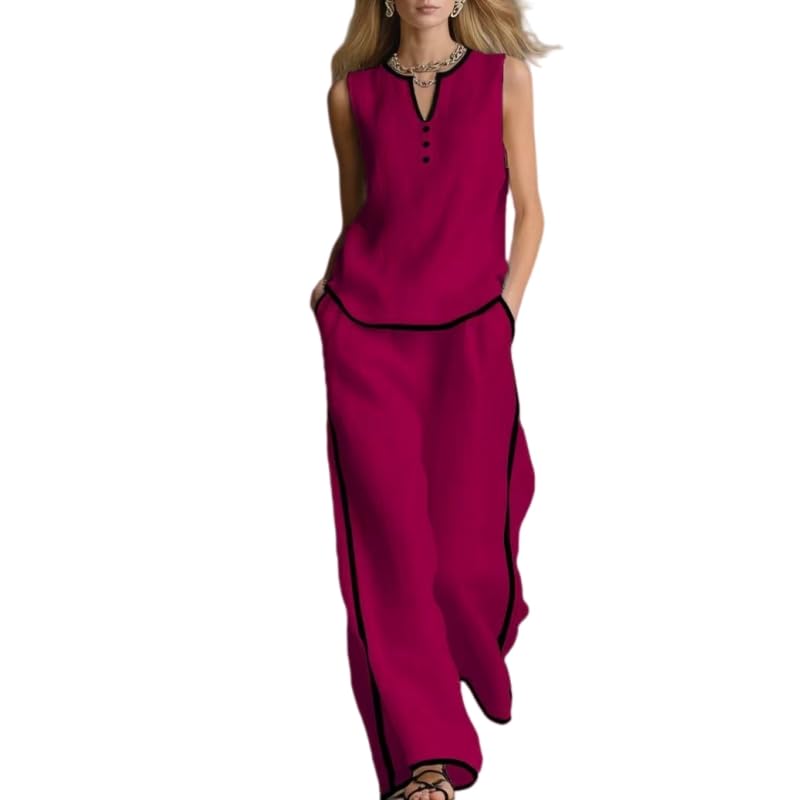 Ensemble d'été pour femme avec haut Henley et pantalon large chic