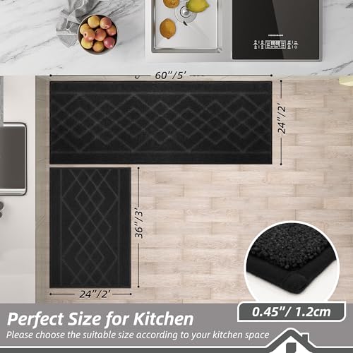 BEQHAUSE Kitchen Rugs Set of 2 Non Slip Runner, 24"x36"+24"x60", Black by BEQHAUSE - Used condition - Image 2