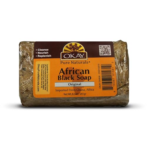 OKAY Pure Naturals African Black Soap - Natural Black Soap Bar with Raw Shea Butter and Cocoa, Cleansing for Hair, Face & Skin for Women & Men - 8.5 oz (Pack of 1)