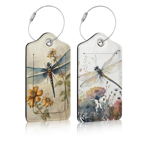 Luggage Tag for Suitcases 2 pcs, Vintage Dragonfly Floral PU Leather Luggage Tag with Privacy Cover ID Label for Women Men Travel