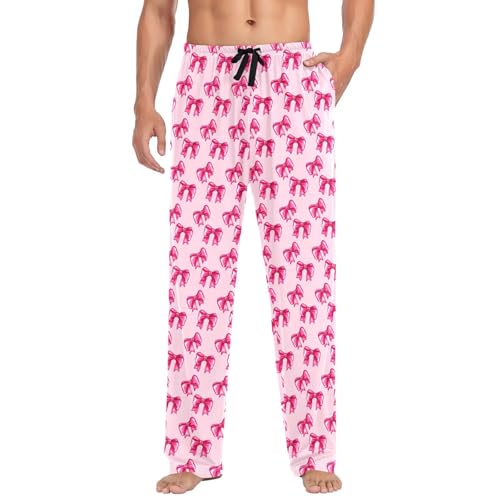 Men's Pink Bows Pajama Pants with Pockets - Straight Fit Cotton Sleep Bottoms for Lounge & Nightwear#148